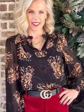 CAbi #4531 Women's Black Orange Fiesta Print Blouse Top Size M